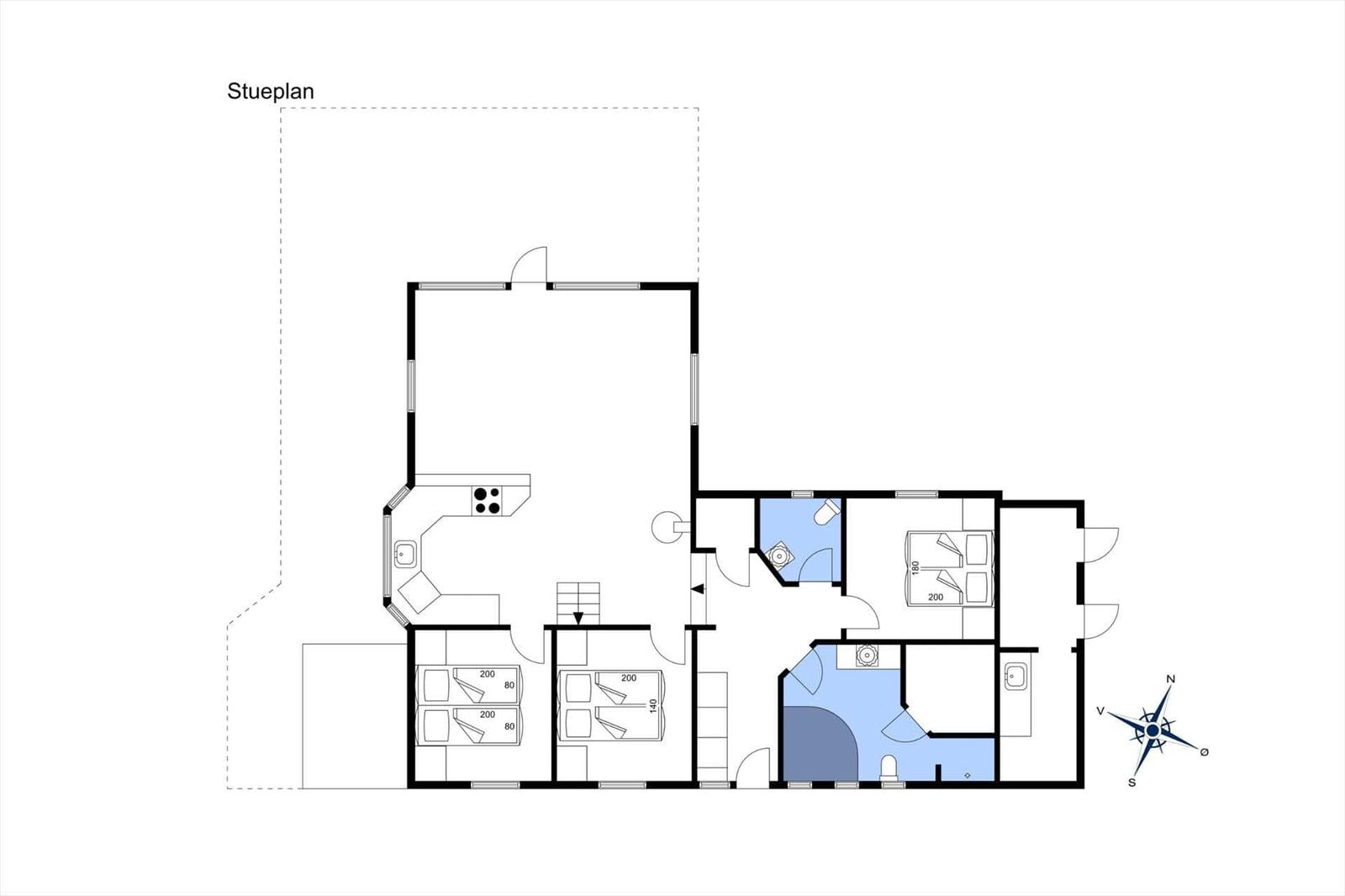 Stueplan zeigt Wohnraum, Küche, zwei Schlafzimmer und Bad mit Dusche und Toilette.