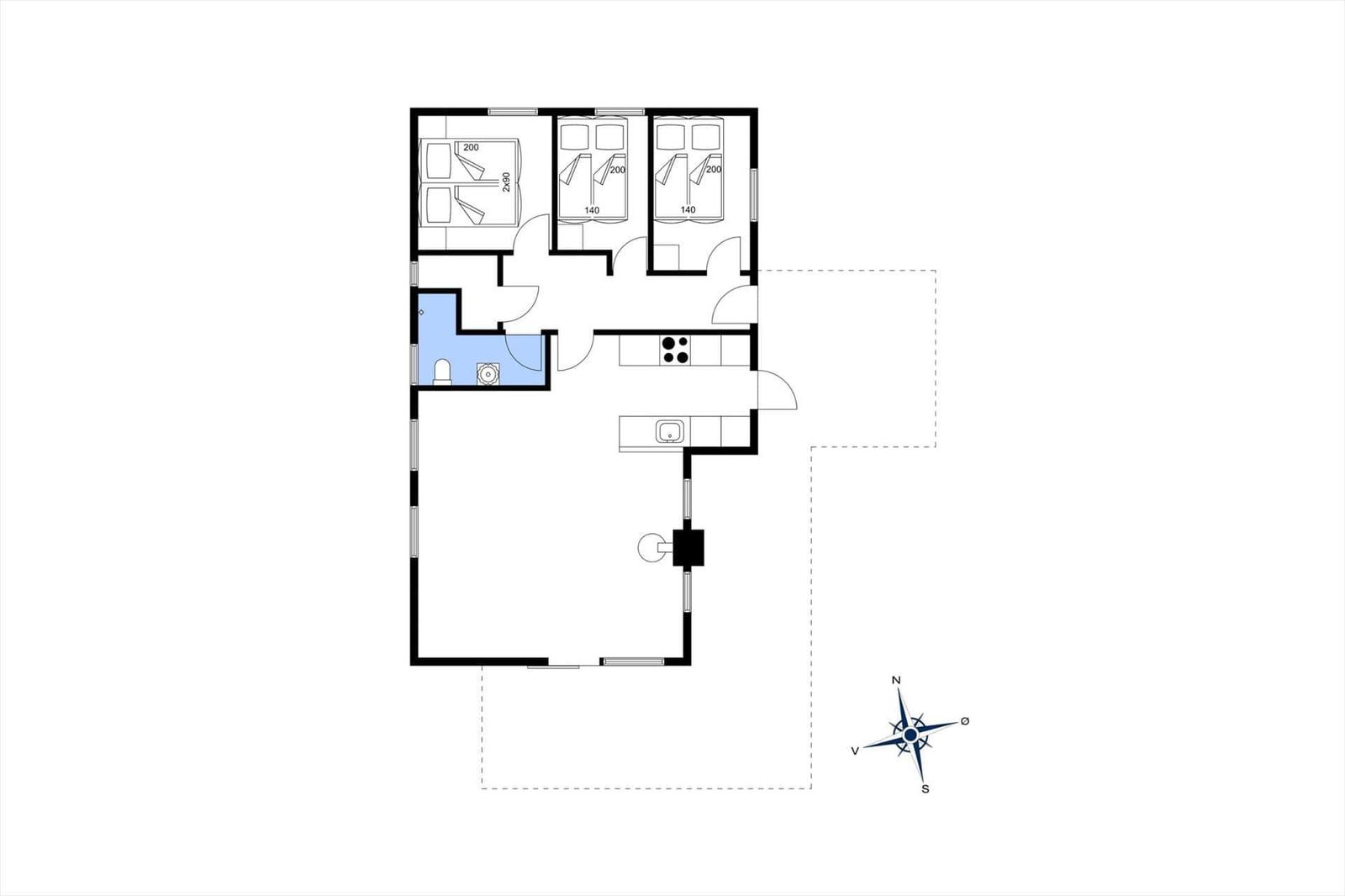 Drei Schlafzimmer, Küche und Bad in einer Wohnung mit Orientierung.