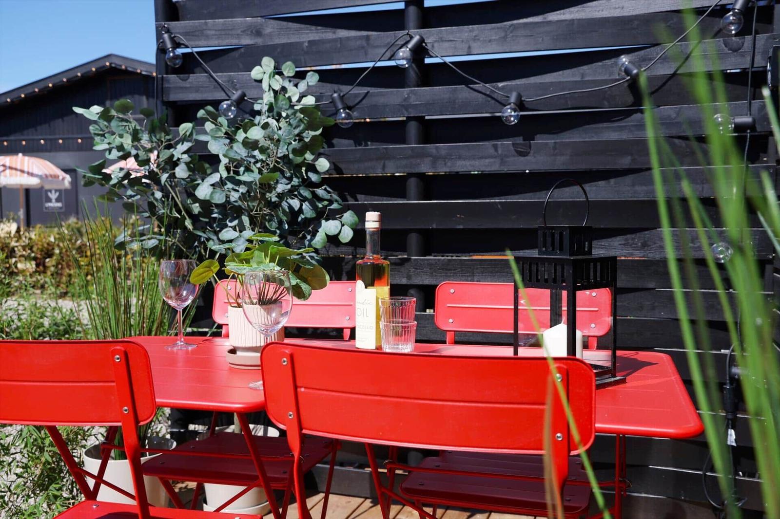 Outdoor area with bench, red cushion, and plant against black wooden fence.