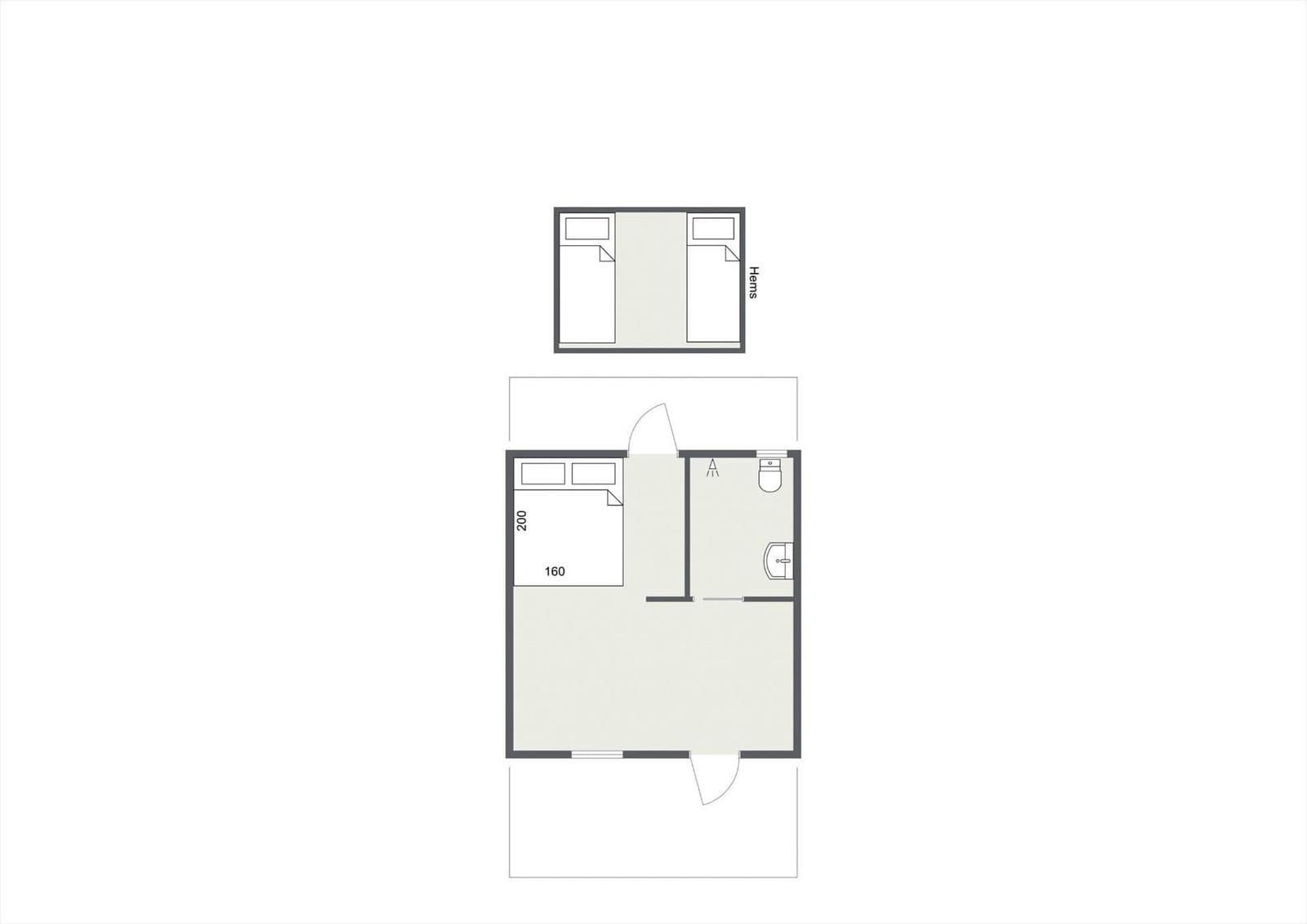 Apartment with bedroom, bathroom, and kitchen. Hall leads to all rooms.
