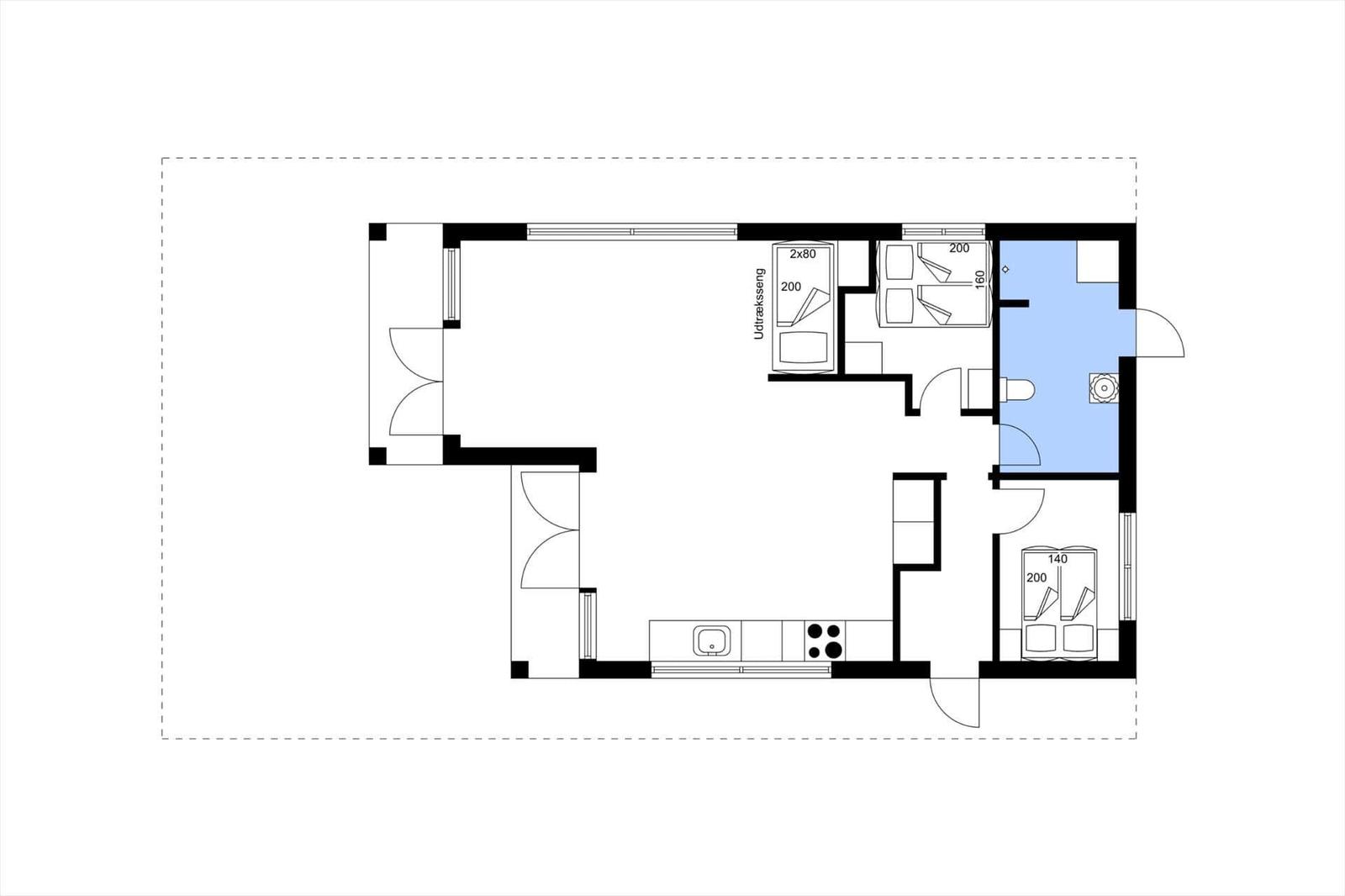 Wohnung mit Küche, Schlafzimmer und Bad. Flur mit zwei Schlafzimmern und Bad.