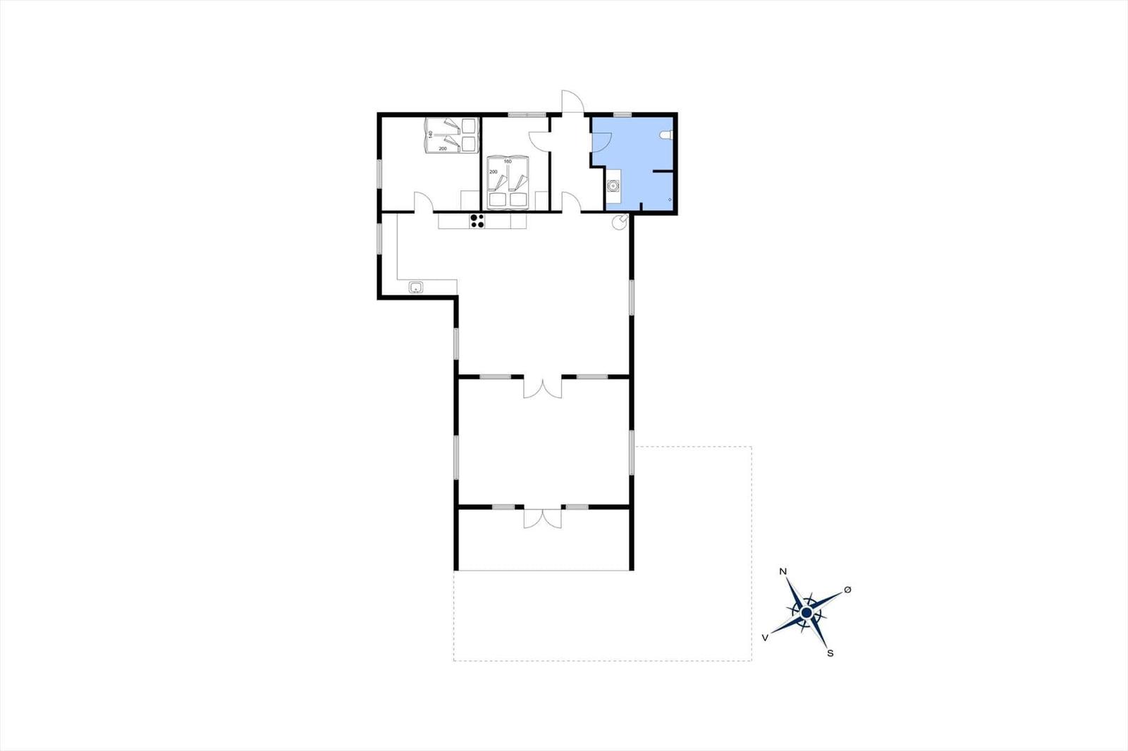 Floor plan with two bedrooms, kitchen, bathroom, and living area.