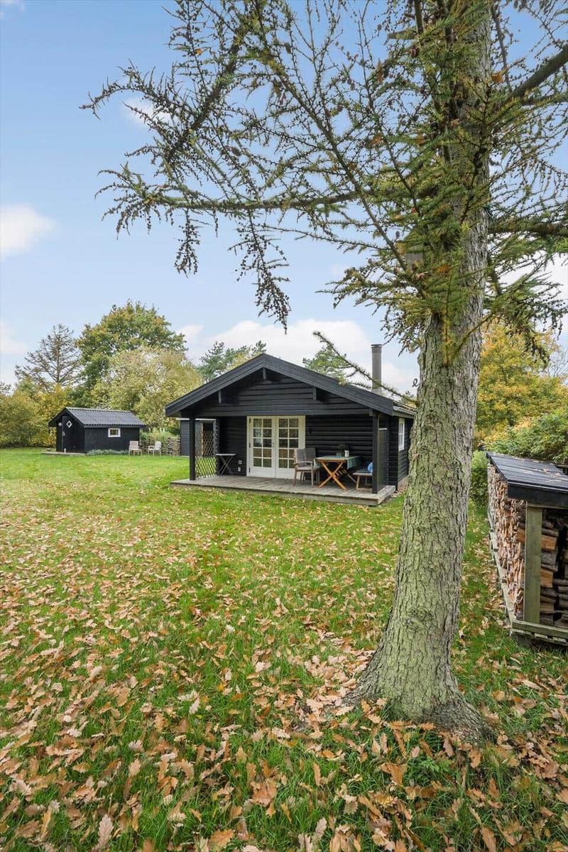 Schwarzes Holzhaus mit Garten, Sitzgelegenheiten und Bäumen im Hintergrund.