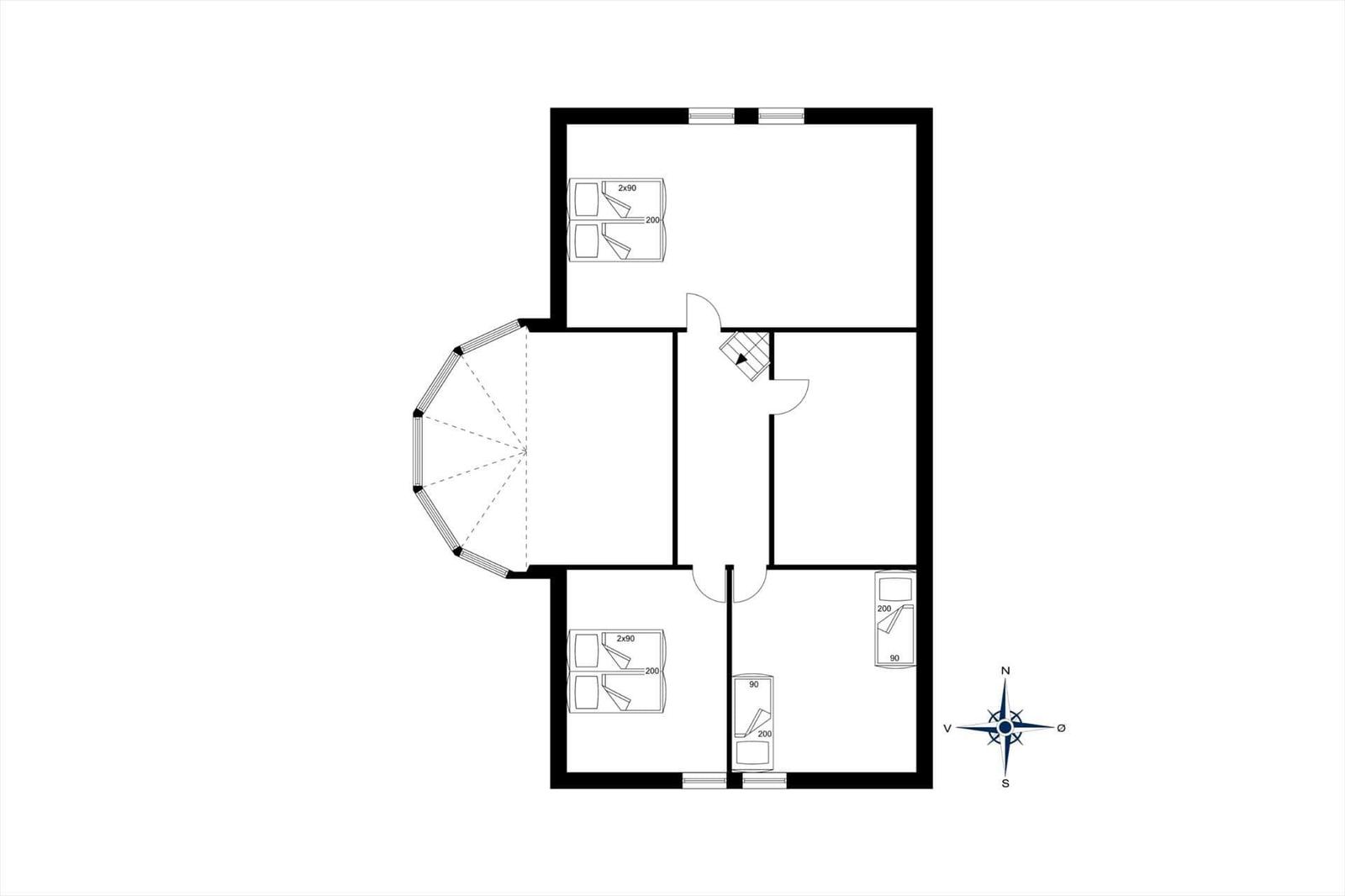 Grundriss einer Ferienwohnung mit Sauna, Küche und Schlafbereichen.