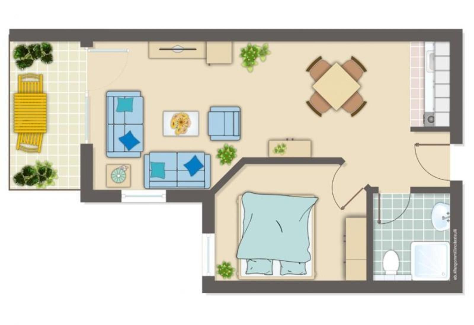 Apartment with bedroom, living area, kitchen, and bathroom. Outdoor area with table and chairs.