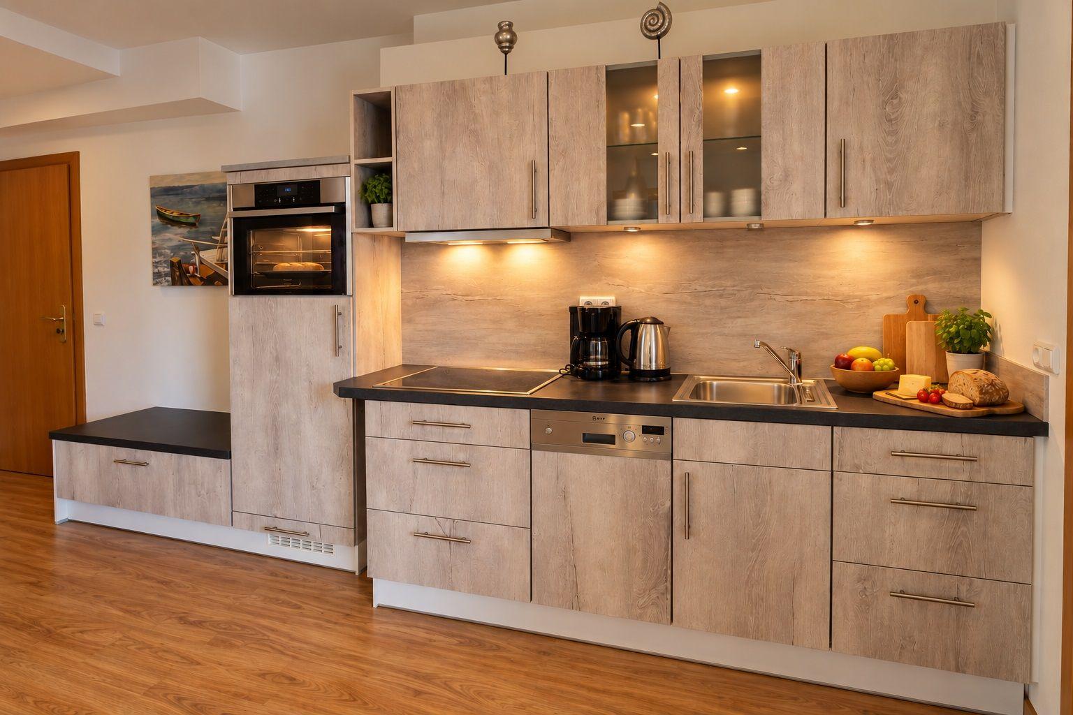 Kitchen with wooden floor, light cabinets, and stainless steel sink