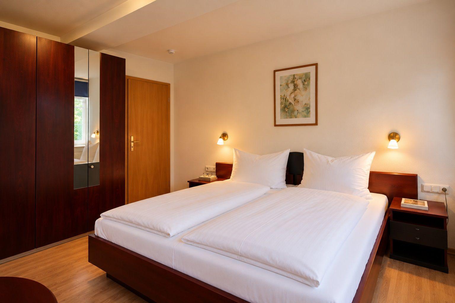 Bedroom with wooden floor, wardrobe, and wall painting with boat.
