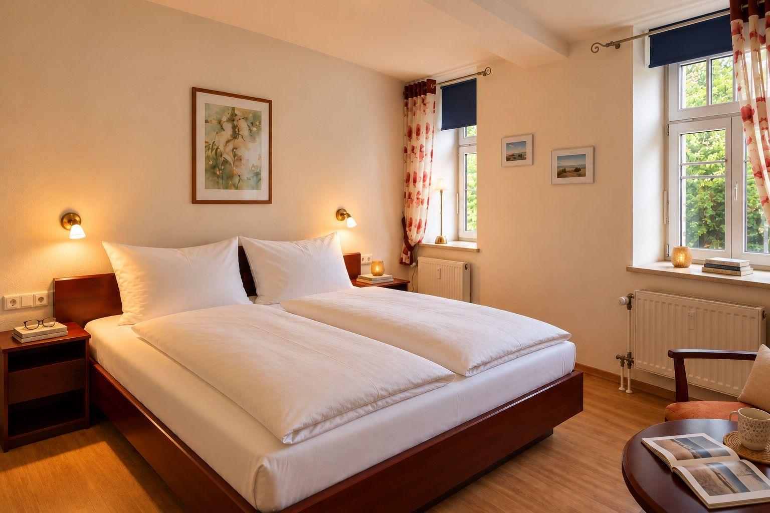 A bedroom with bed, windows, chair and table. Curtains and pictures on the walls.