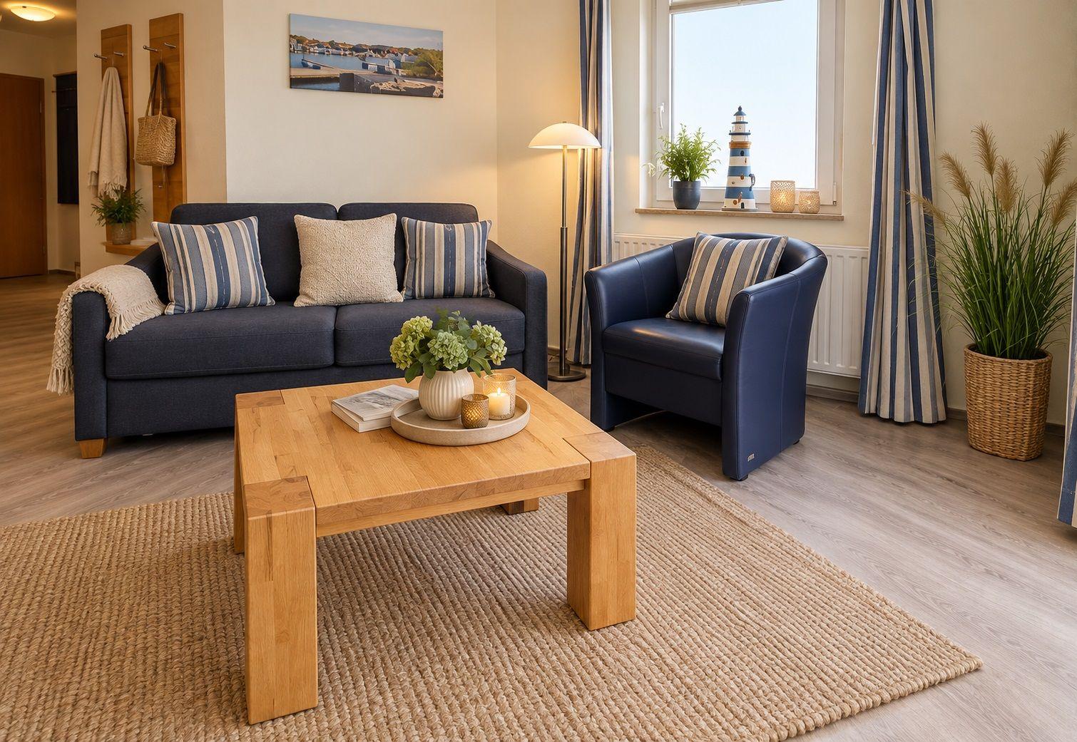 Wohnzimmer mit Sofa, Sessel, Holztisch und Fenster. Blaue Polster und Holzboden.