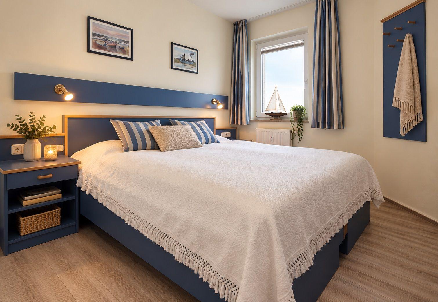 Schlafzimmer mit blauem Bett, Nachttisch und Fenster mit Segelboot. Wandbild und Gardinen.