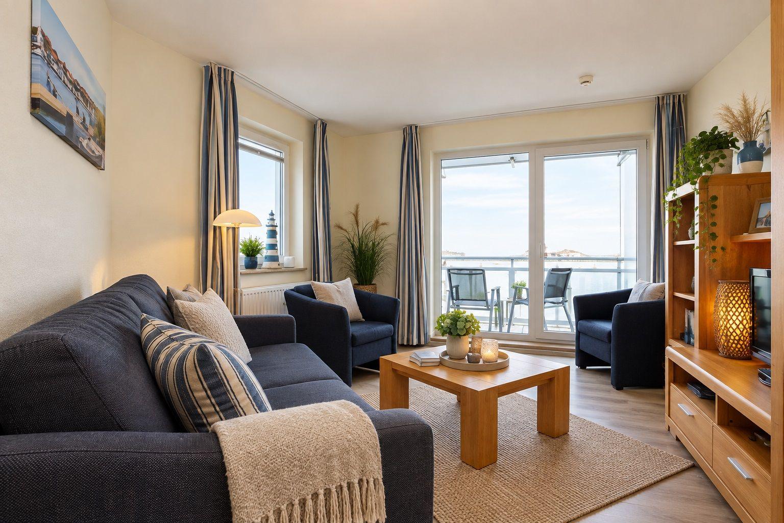 Wohnzimmer mit Sofa, zwei Sesseln, Tisch und Balkon mit Blick.