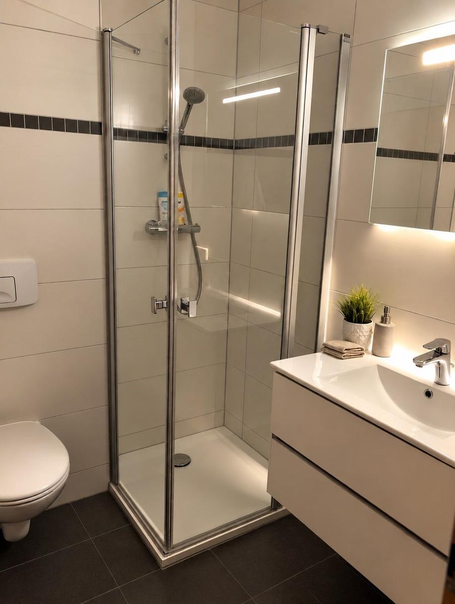Badezimmer mit Duschkabine, Waschbecken und Toilette. Fliesenwand und Spiegel.