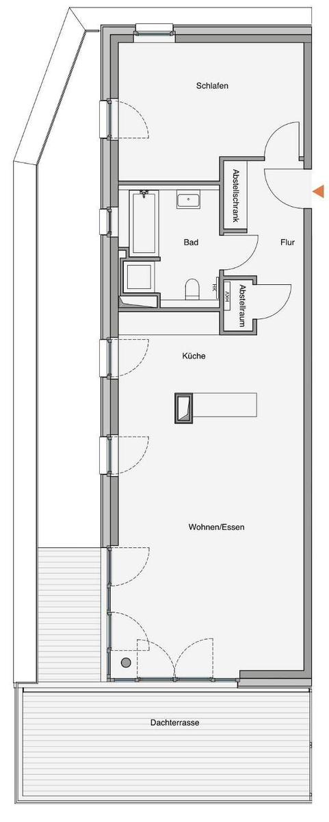 Modernes Ferienapartment in einer Wohnanlage mit Blick auf Felder und See.
