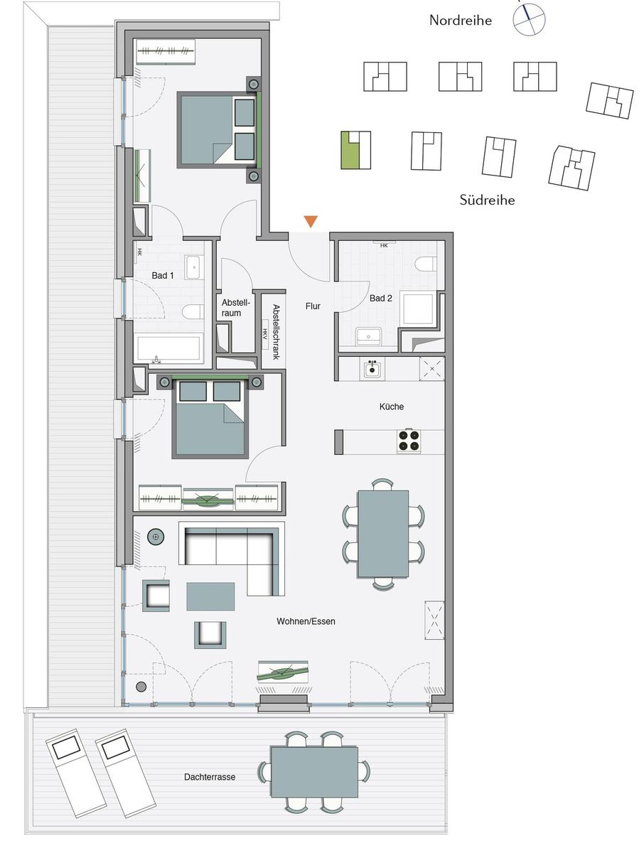 Ferienapartment in moderner Wohnanlage mit Blick auf Strand und Landschaft.