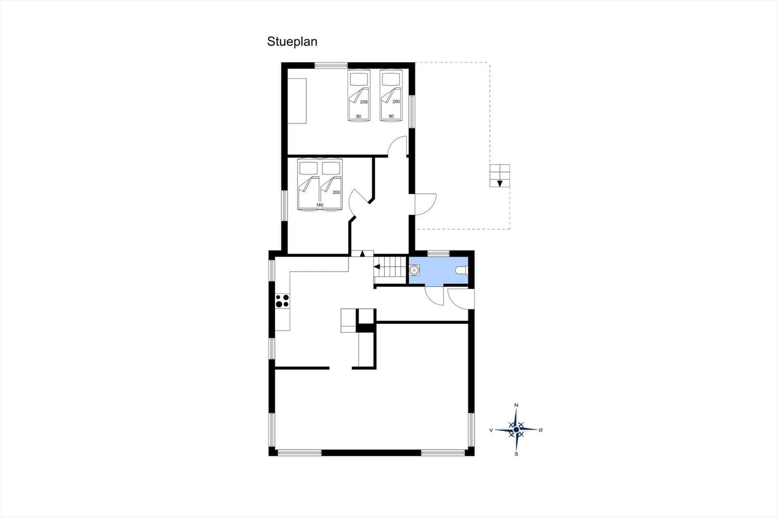 Stueplan zeigt drei Schlafzimmer, Küche, Bad und Treppenhaus.