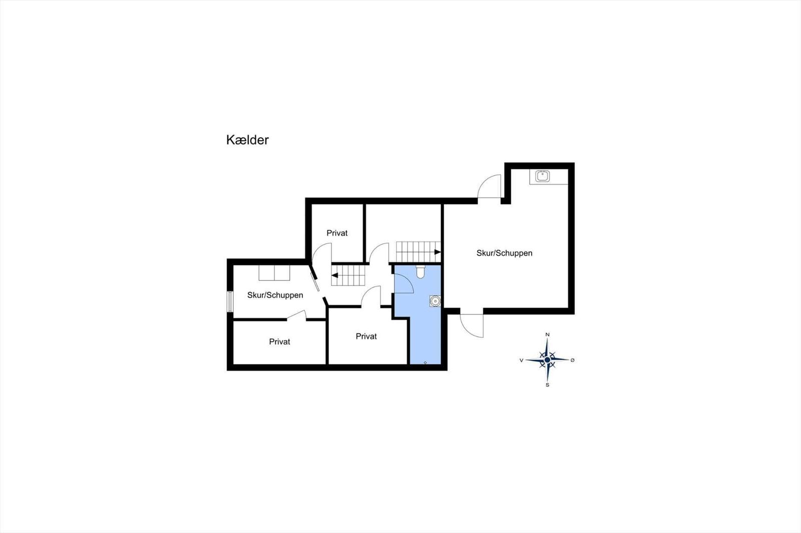 Kellerplan mit privaten Räumen und Schuppenbereichen sowie Toiletten und Treppe.