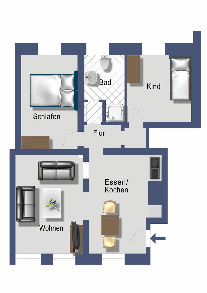 Ein Wohnzimmer mit grauem Sofa, weißem Tisch und Wandbildern.