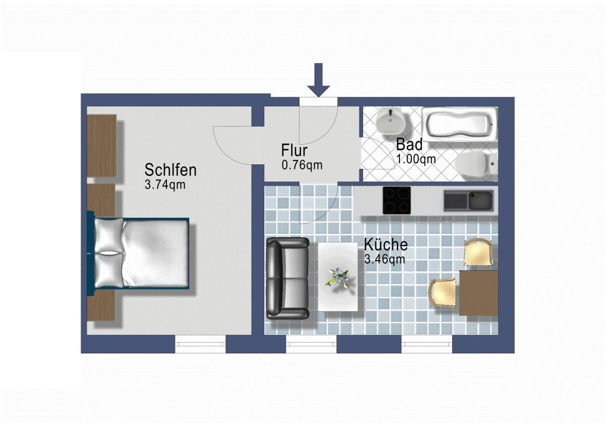 Apartment with kitchenette, sofa, and table. View of water through windows.