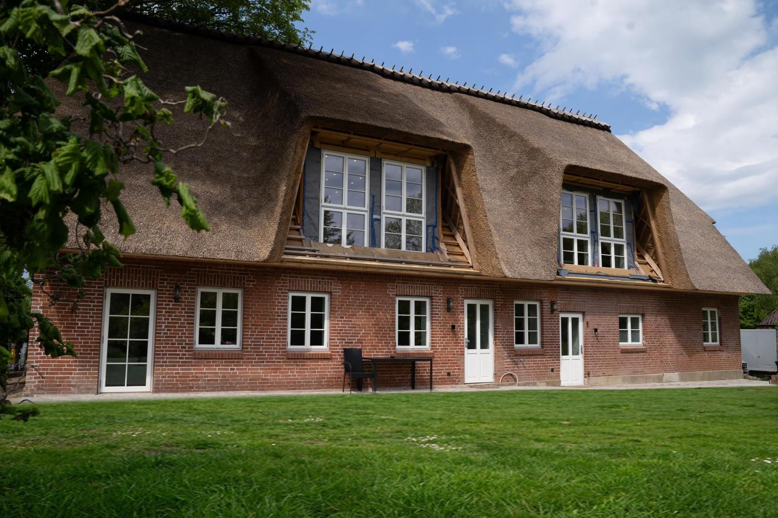Garten mit Tisch und Stühlen unter blauem Himmel und Bäumen.