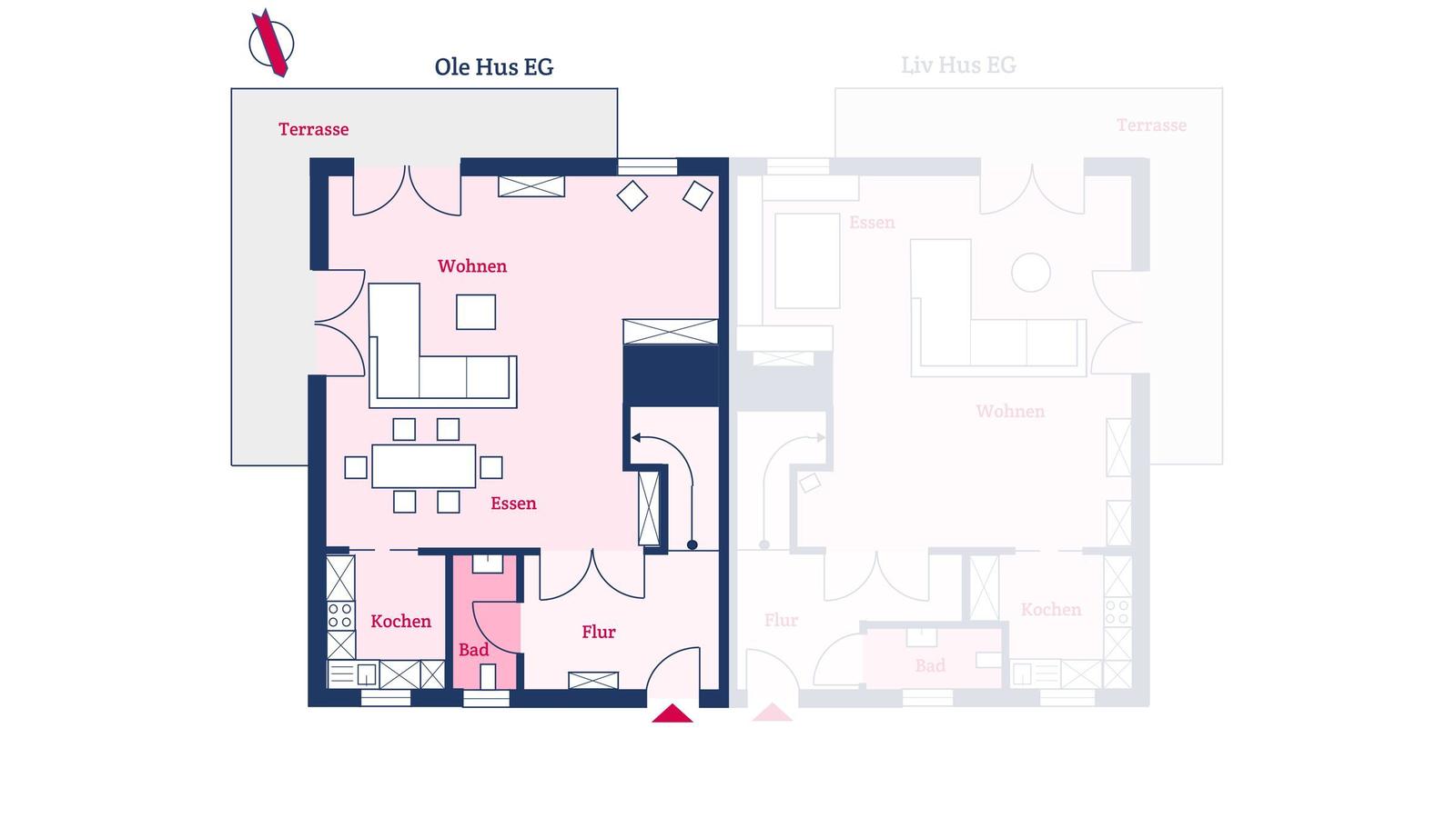 Ole Hus Souterrain mit Schlafzimmer, en suite Bad und Flur. Liv Hus Souterrain mit Sauna und Schlafzimmer.