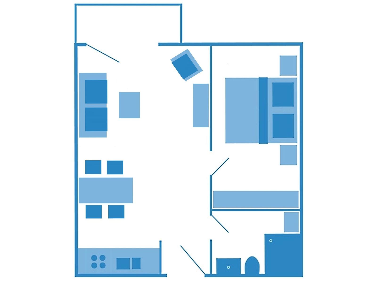 Dieses Apartment hat eine Küche, ein Wohnzimmer, ein Schlafzimmer und ein Bad.