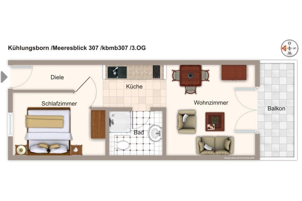 Das Apartment hat Schlafzimmer, Küche, Bad, Wohnzimmer und Balkon.