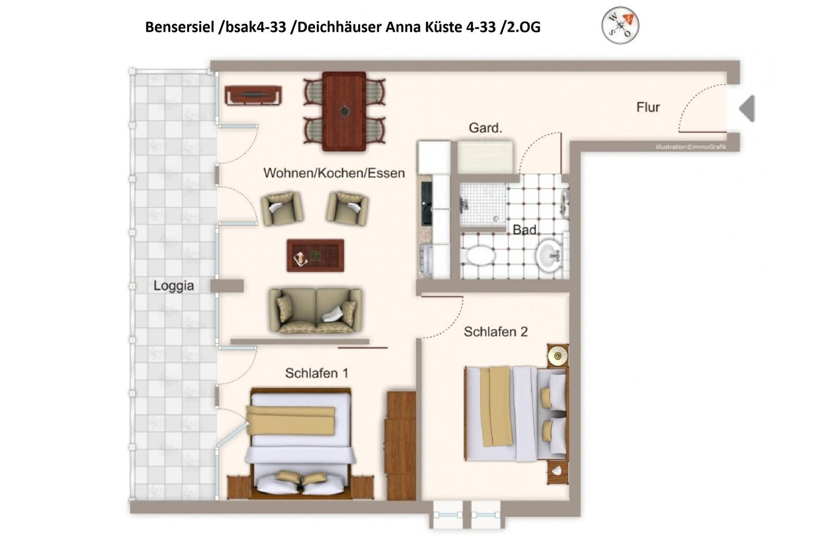 Wohnung mit zwei Schlafzimmern, Küche, Bad und Loggia.