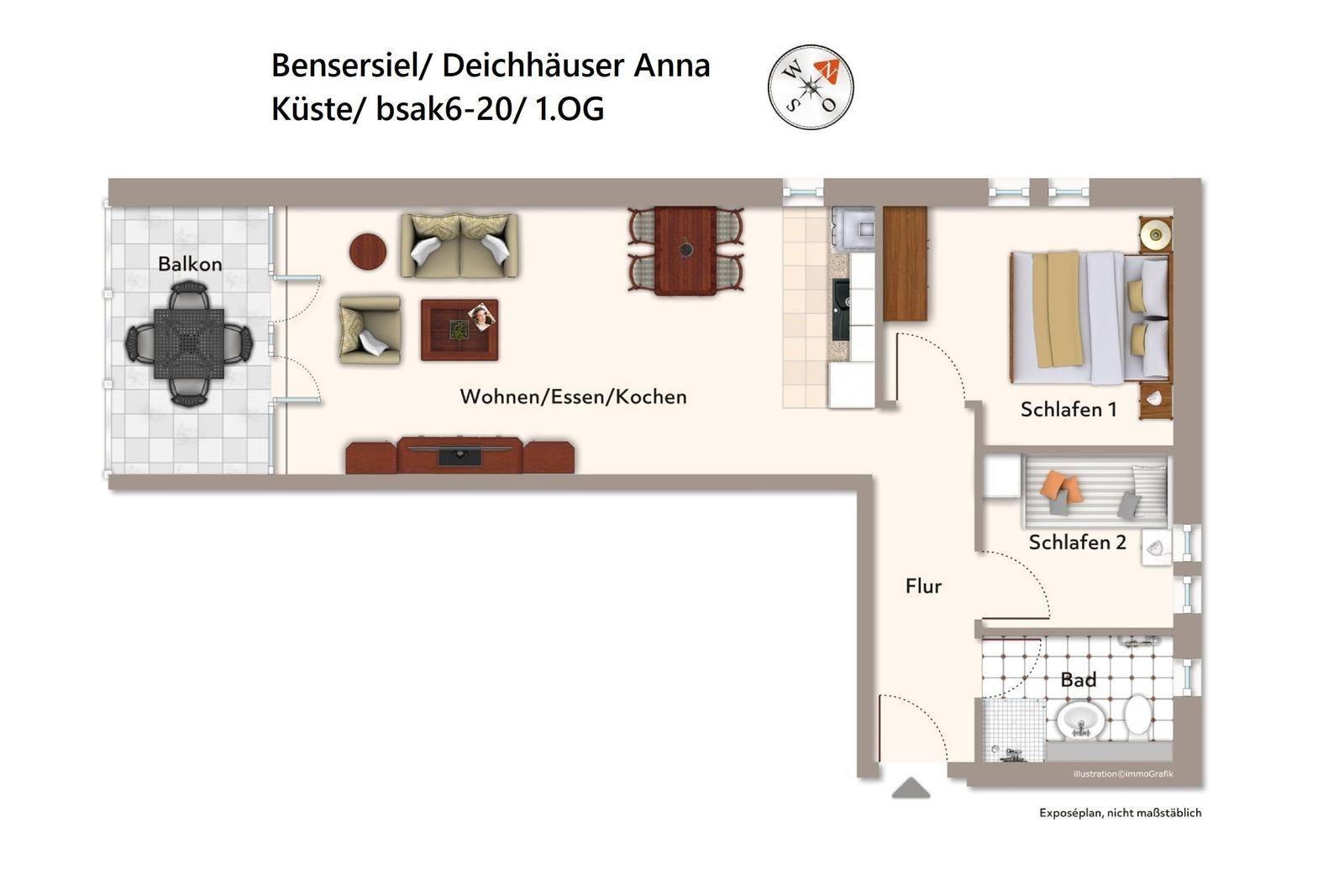 Wohnung mit Wohn- und Essbereich, zwei Schlafzimmern, Bad und Balkon.
