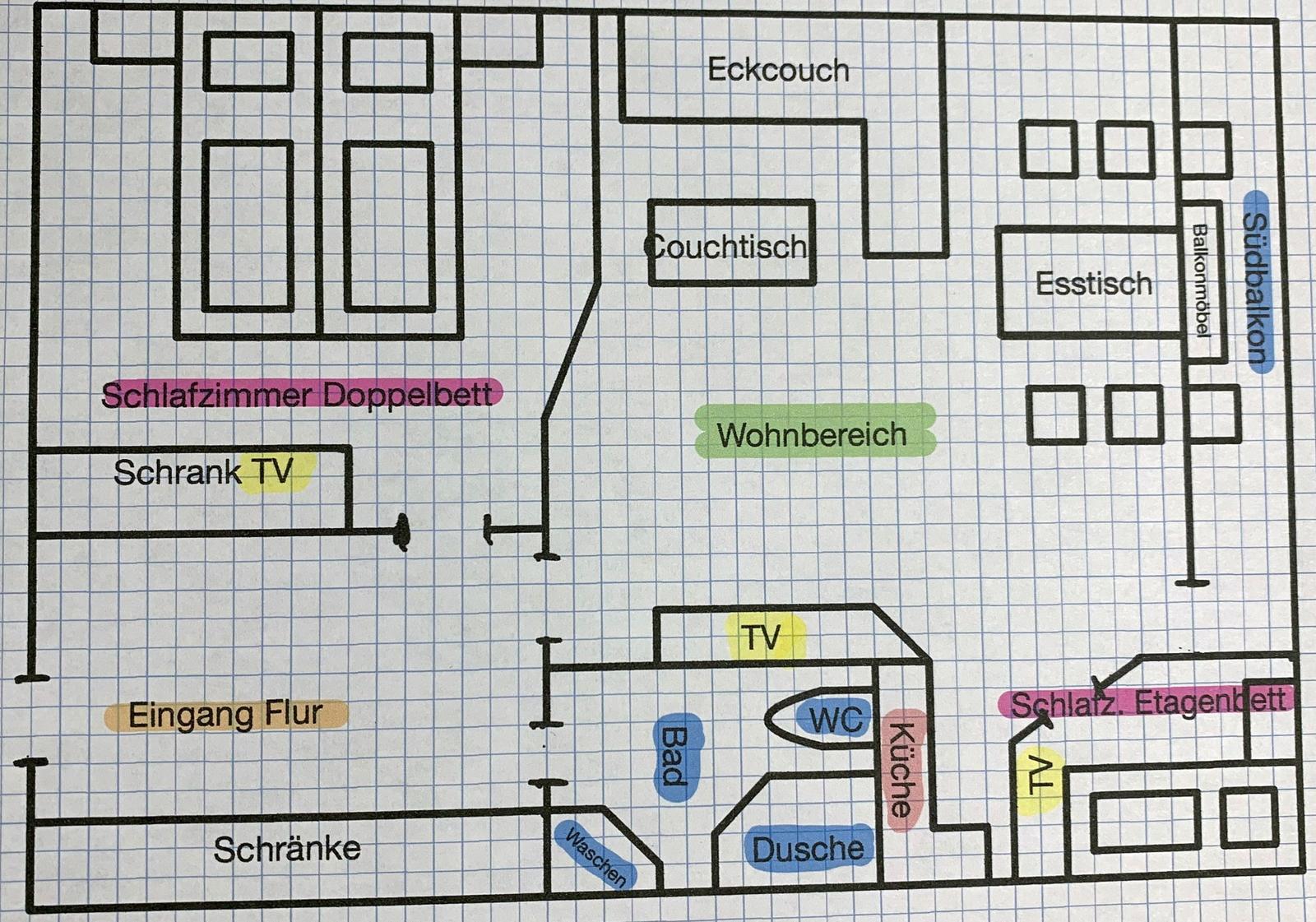 Dies ist eine Grundrisszeichnung der Wohnung mit Wohnbereich, Küche, Schlafzimmer und Bad.