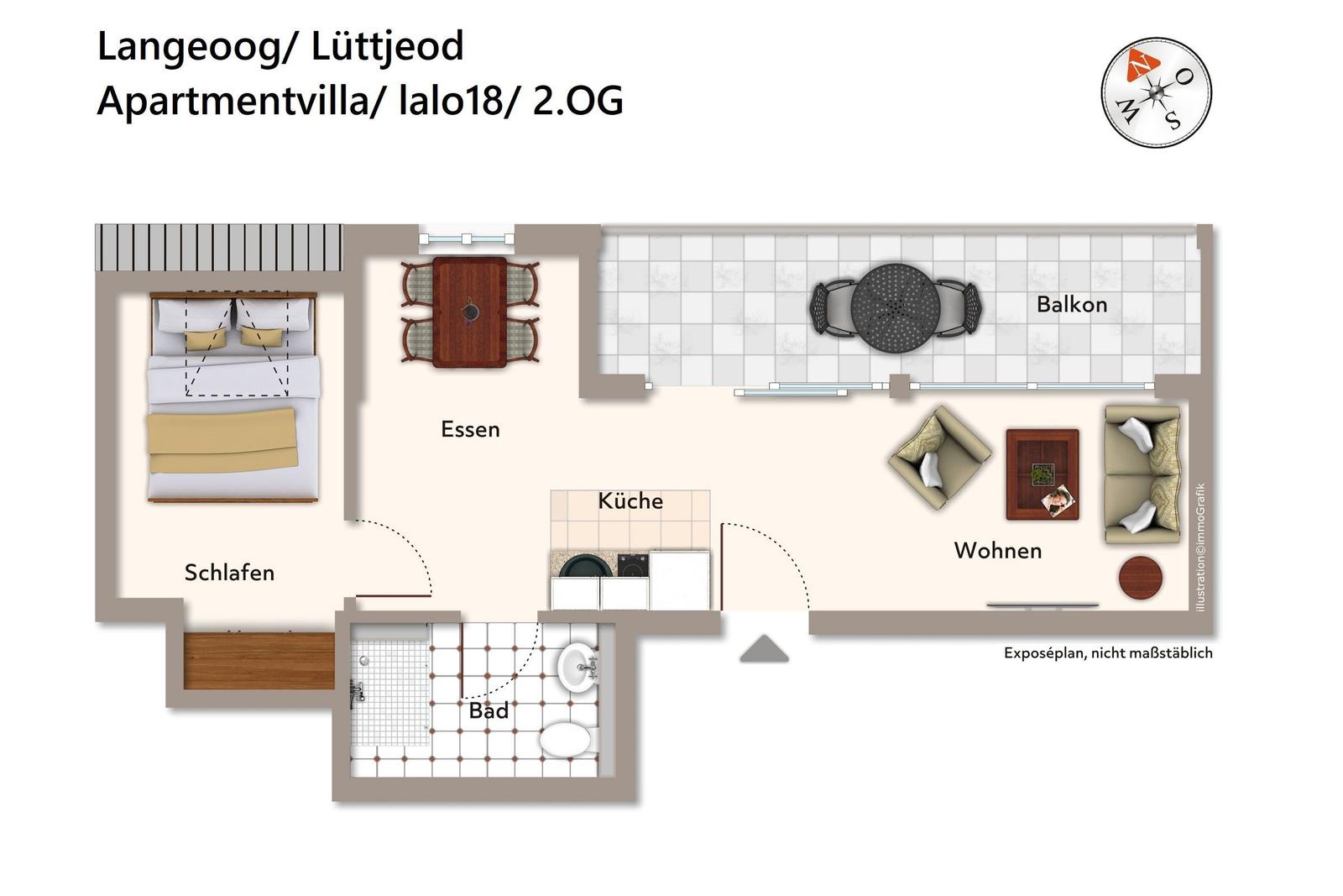 Wohnung mit Schlafzimmer, Küche, Bad, Wohn- und Essbereich sowie Balkon.