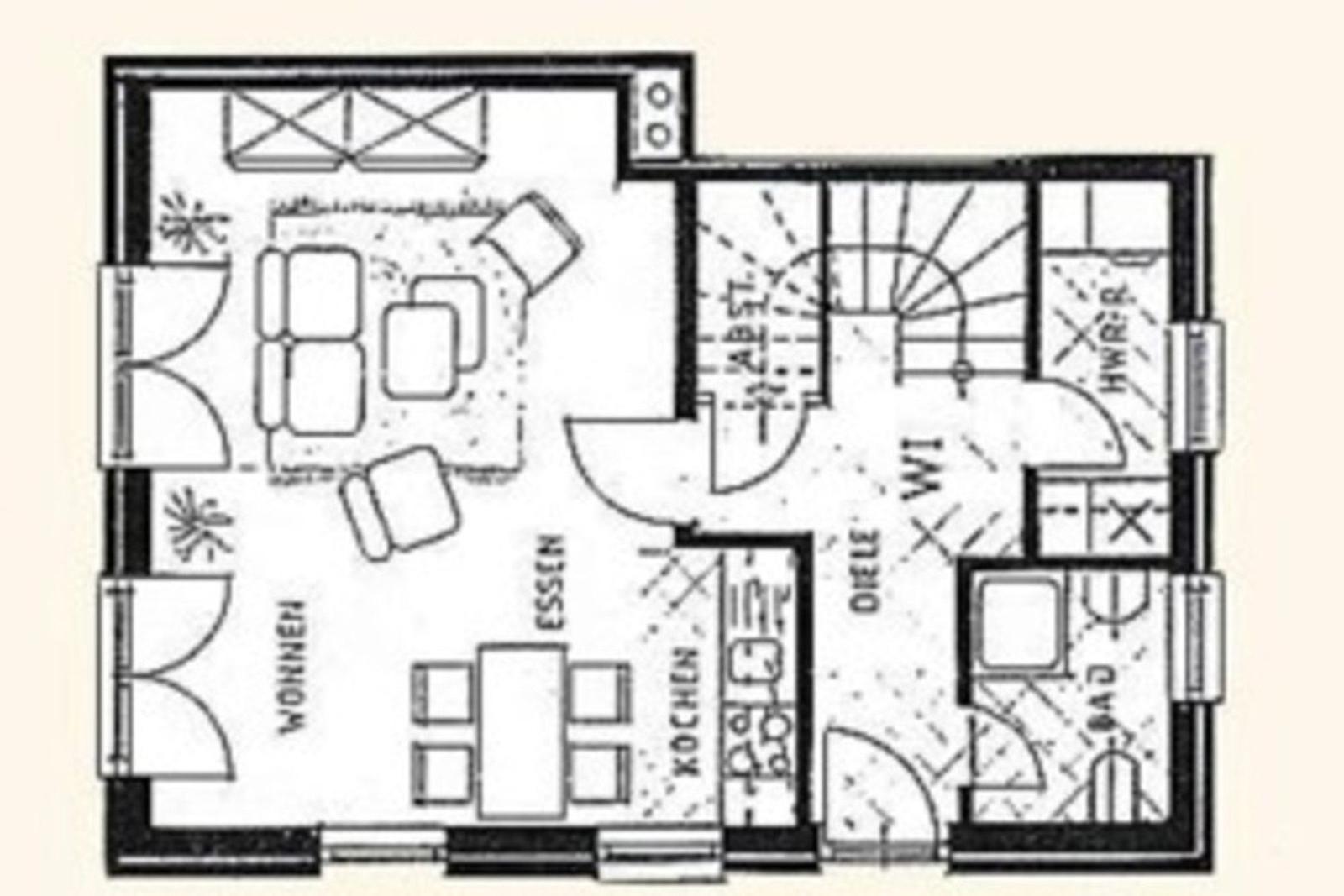 Apartment with living and dining area, kitchen, bathroom, hallway, and staircase.