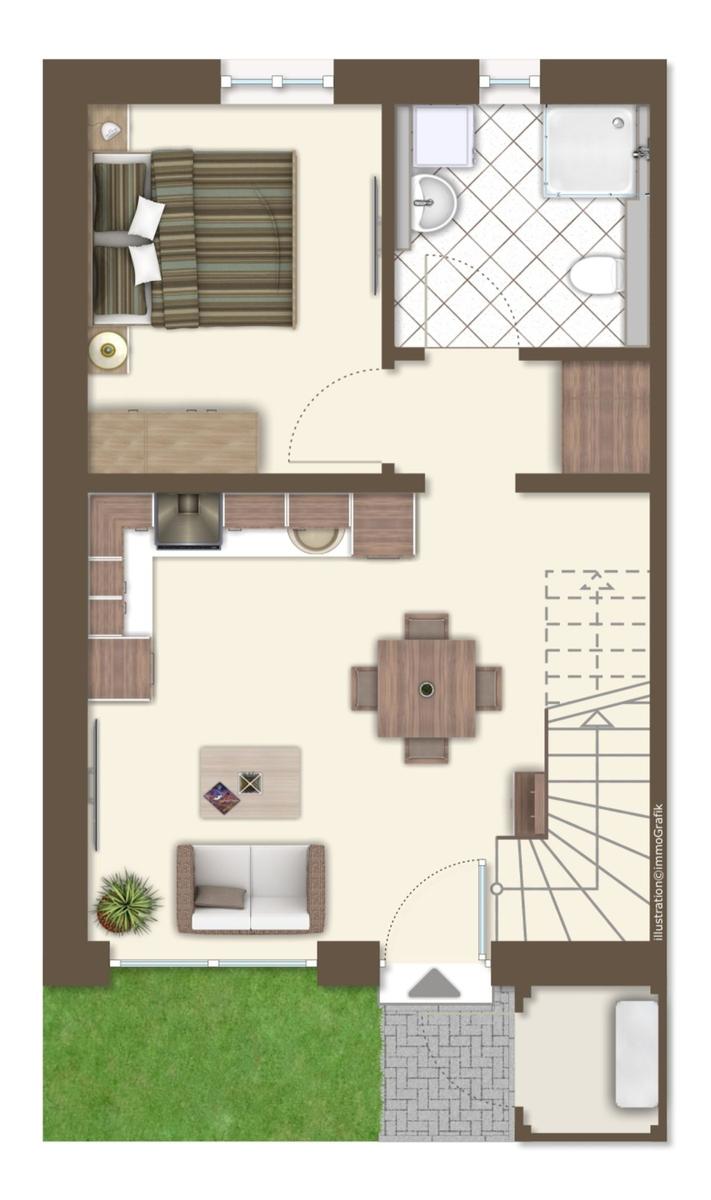 Haus mit rotem Dach und gepflastertem Weg in grüner Umgebung
