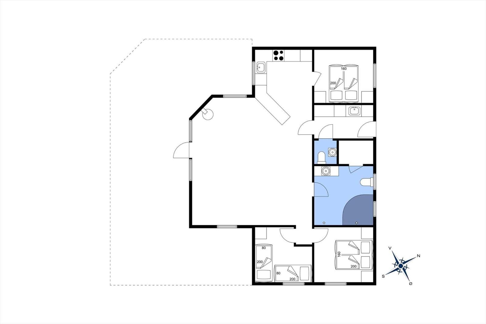 Wohnung mit Küche, Bad, Schlafzimmer und Wohnbereich. Orientierung mit Kompass.