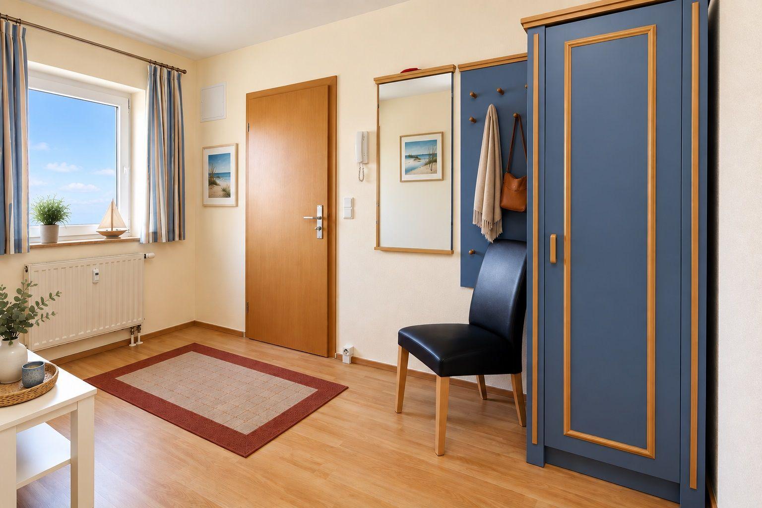 Zimmer mit blauem Schrank, Stuhl, Fenster und Tür.