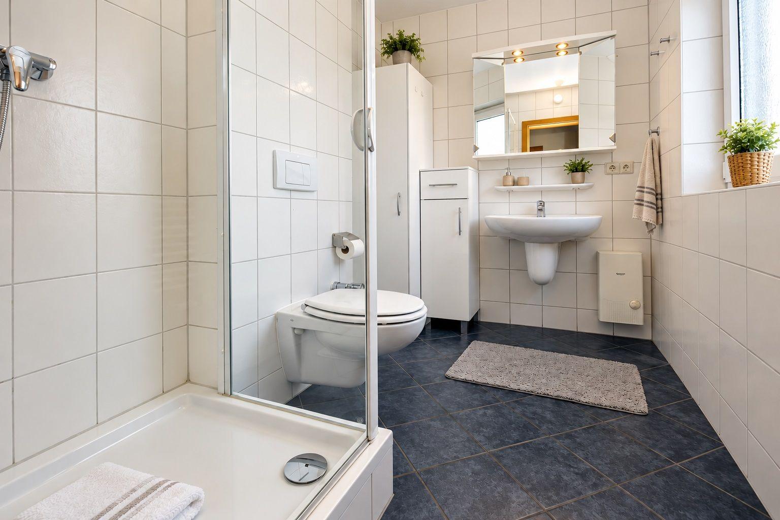 Schlafzimmer mit Bett, Fenster, Wandlampe und Wandbildern.