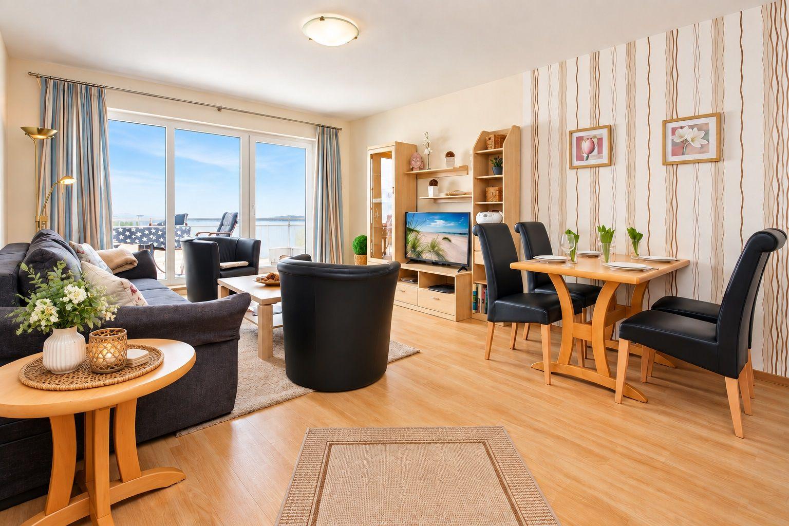 Wohn- und Essbereich mit Sofa, Tisch und Stühlen. Fernseher und Fenster zum Balkon.