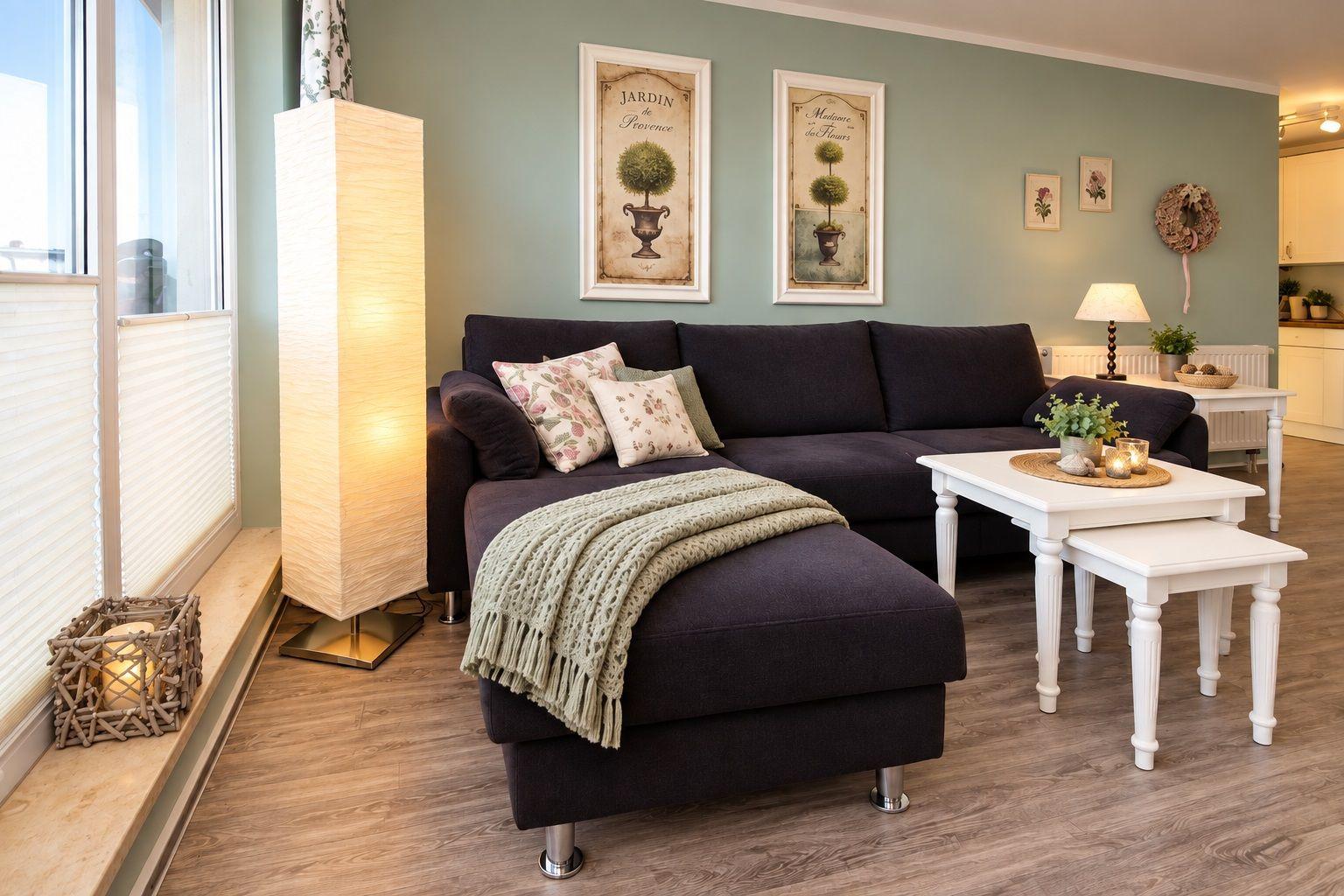 Ein Wohnzimmer mit dunklem Sofa, weißen Tischen und hellen Wandbildern.