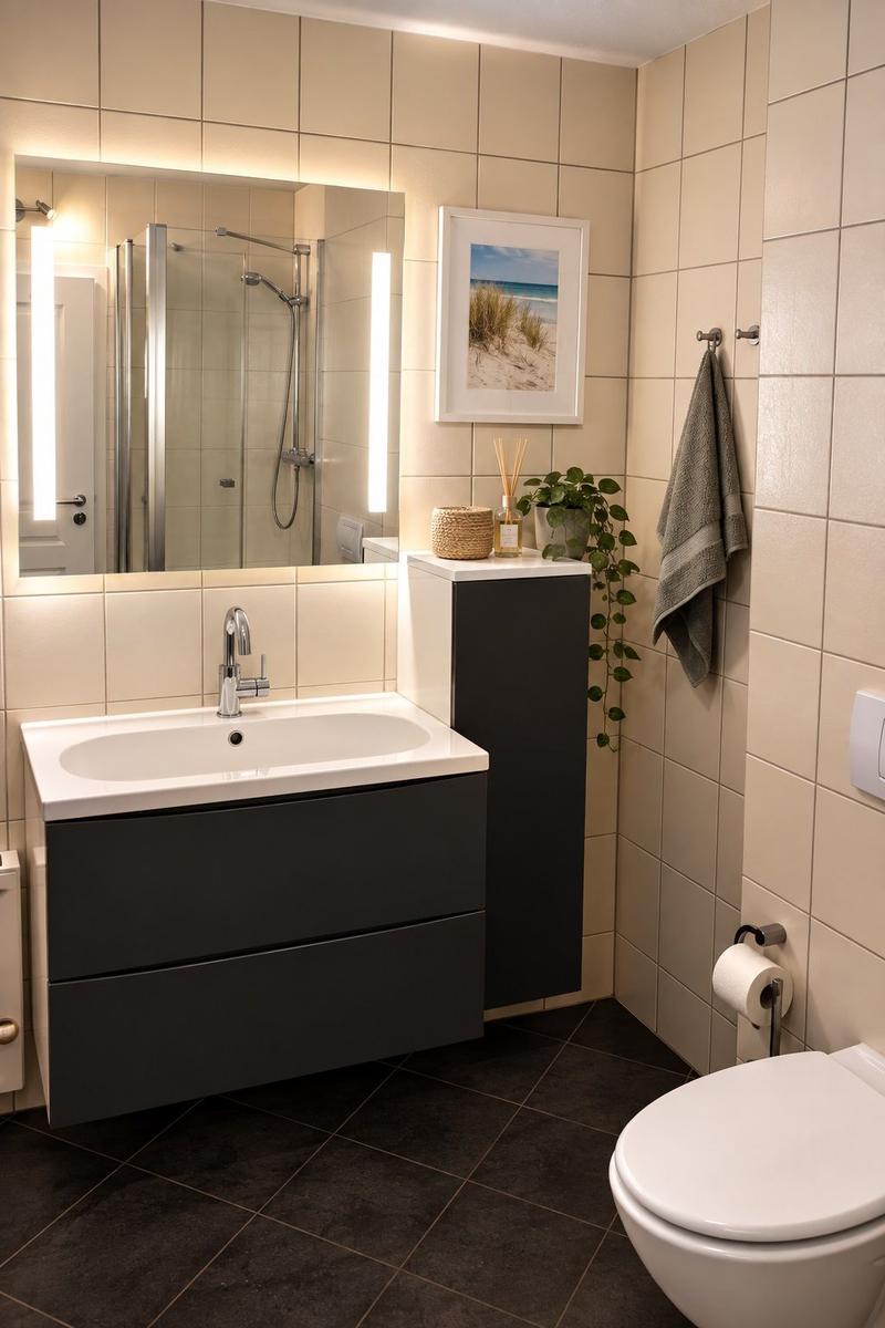 Badezimmer mit Waschbecken, Spiegel, Dusche und Toilette.