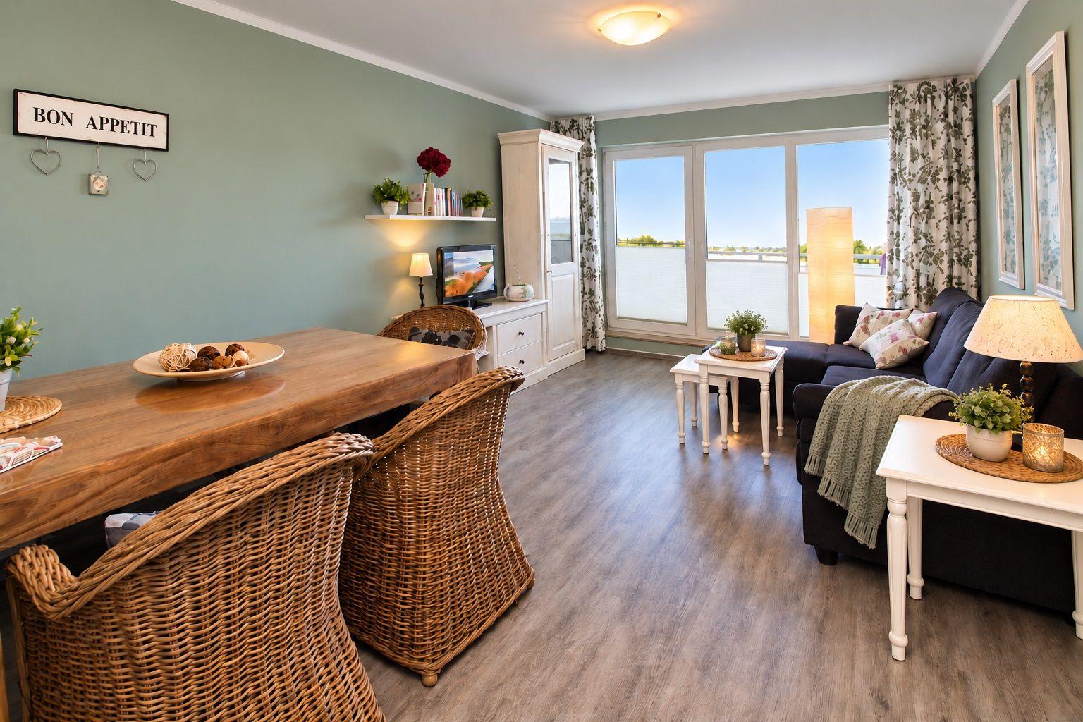 Wohn- und Essbereich mit Holztisch, Wickerstühlen und Sofa. Große Fenster und helle Wände.