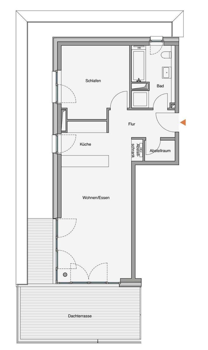 Wohnung mit Schlafzimmer, Küche, Bad und Dachterrasse
