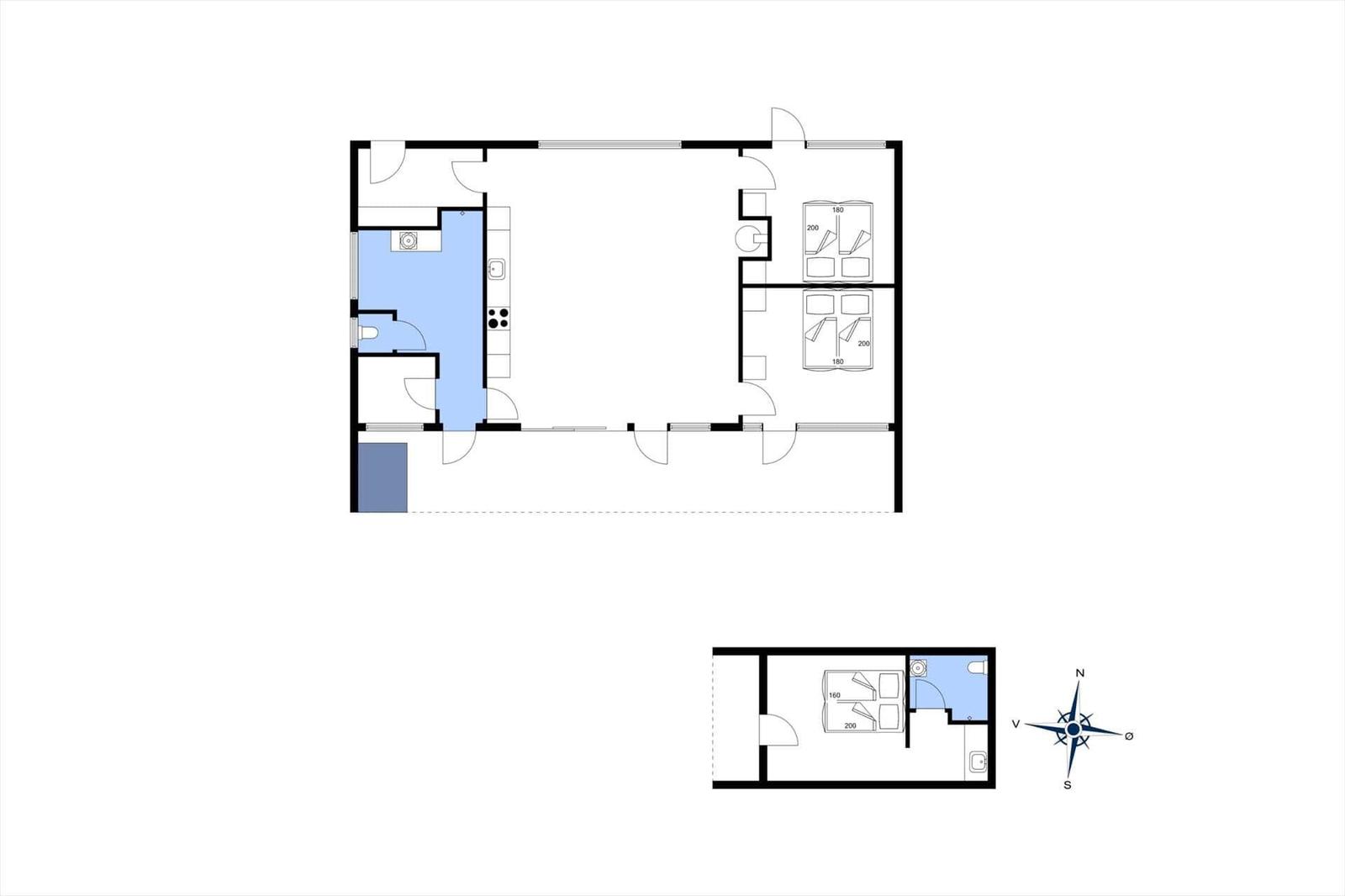 Wohnung mit zwei Schlafzimmern, Küche und Bad. Grundriss mit Orientierung.