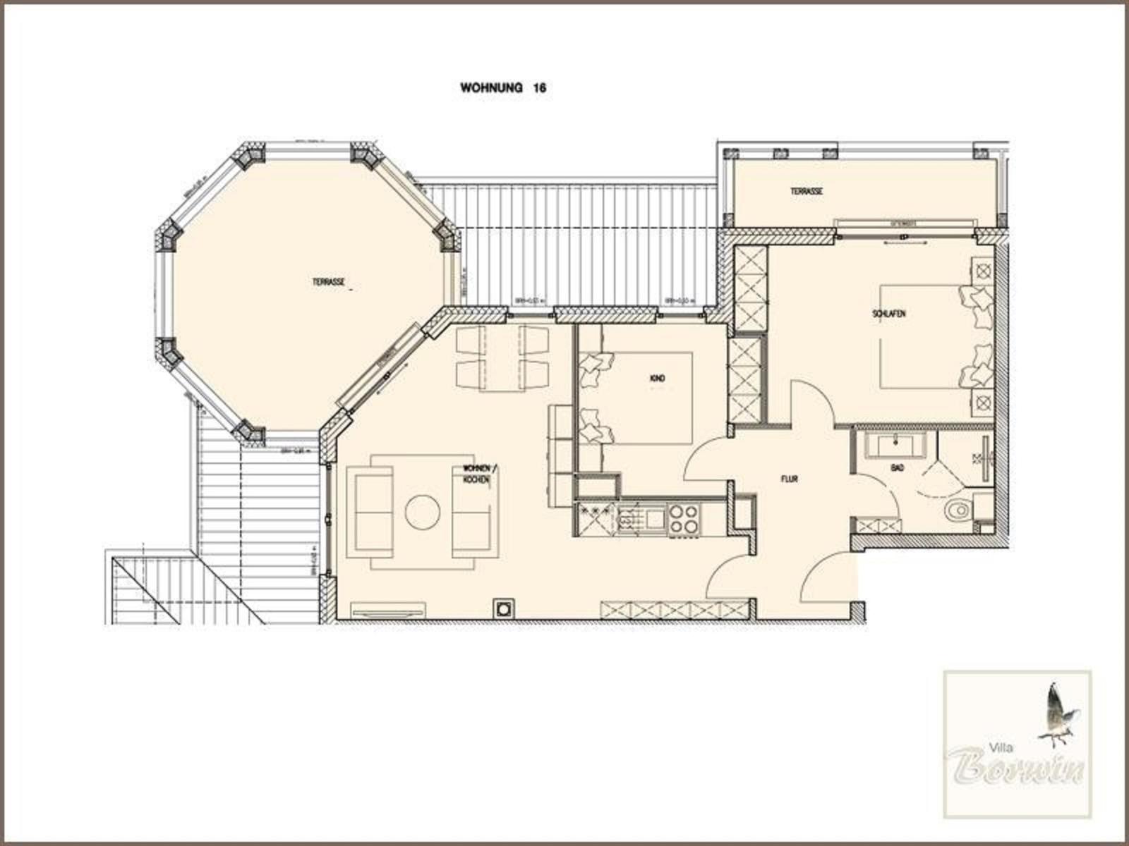 Apartment 16 with terrace, bedroom, bathroom, and kitchen.