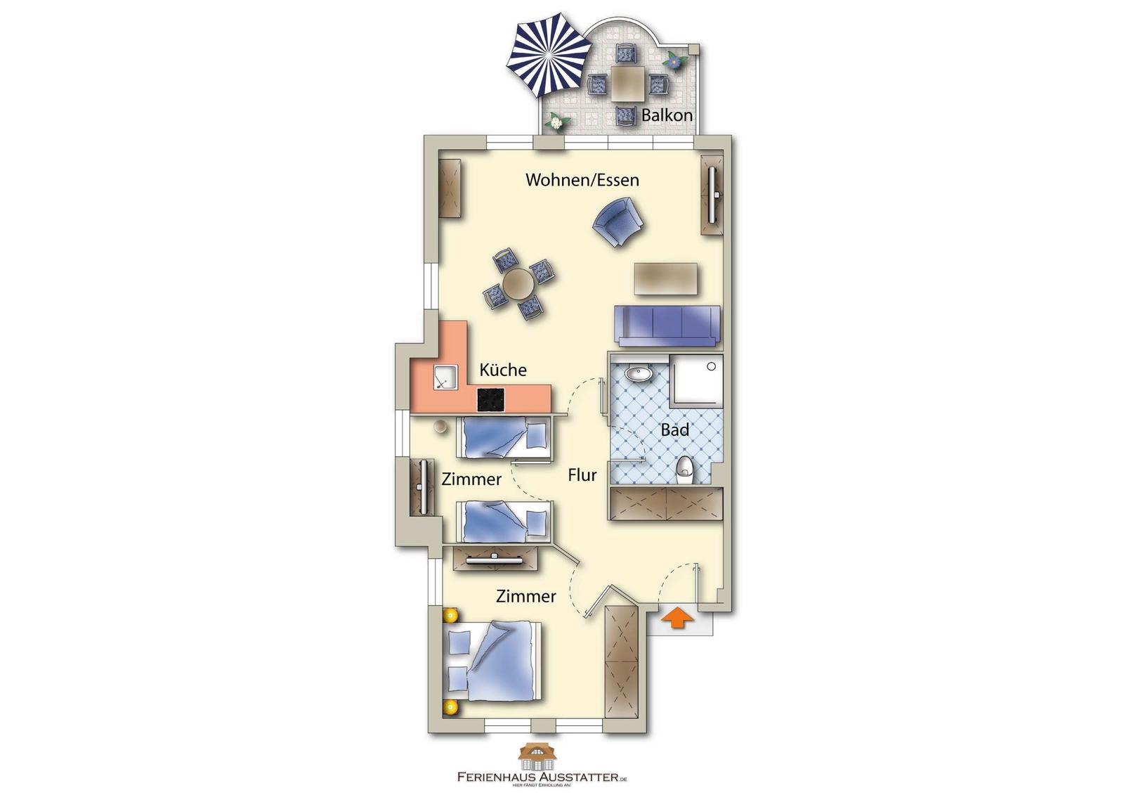 Wohnung mit Wohnbereich, Küche, Bad, drei Schlafzimmern und Balkon.