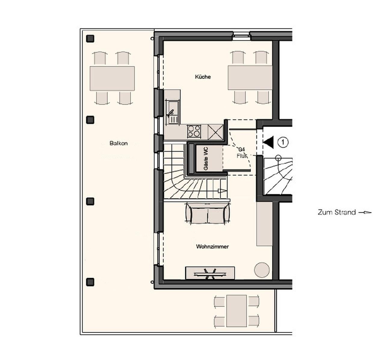 Küche, Wohnzimmer, Gäste-WC und Balkon. Zugang zum Strand.
