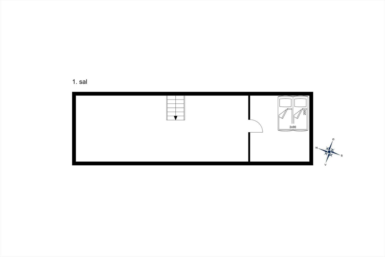 Stueplan zeigt Grundriss mit Schlafzimmer, Bad und Treppe.