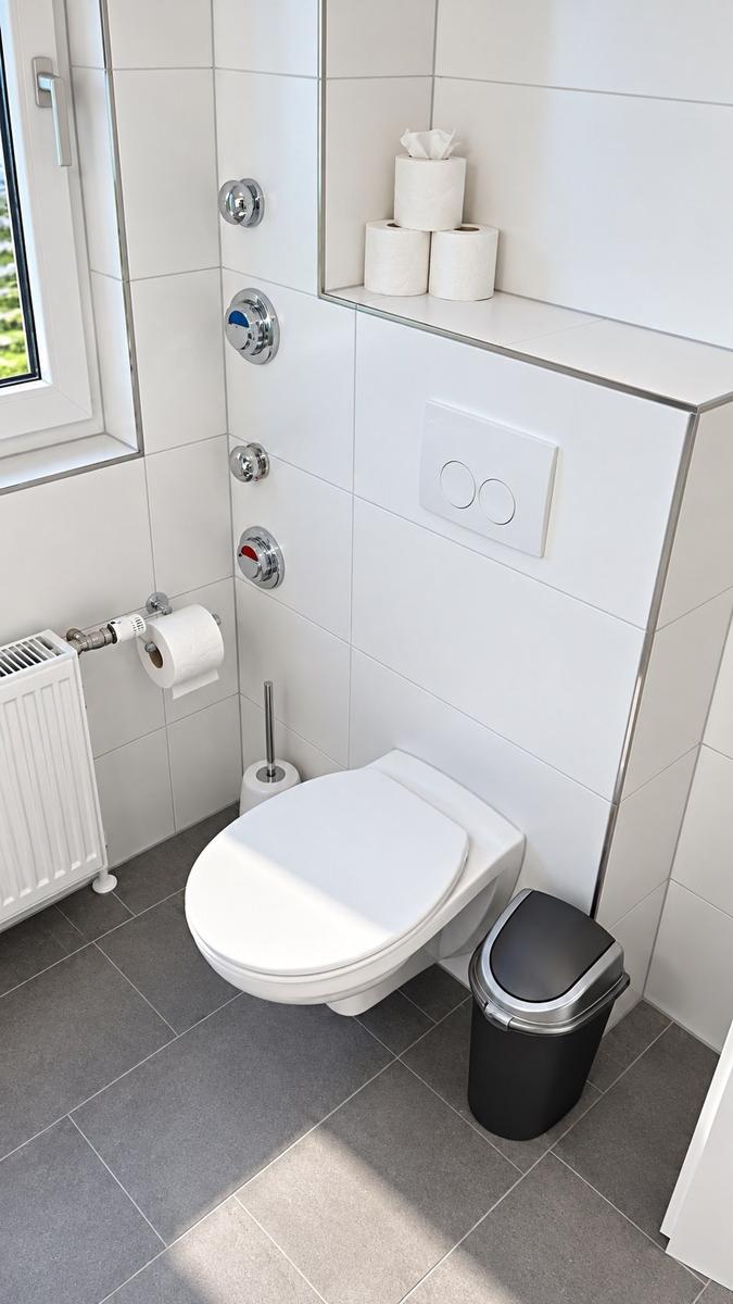 Badezimmer mit Dusche, Waschbecken und Spiegel mit Beleuchtung.