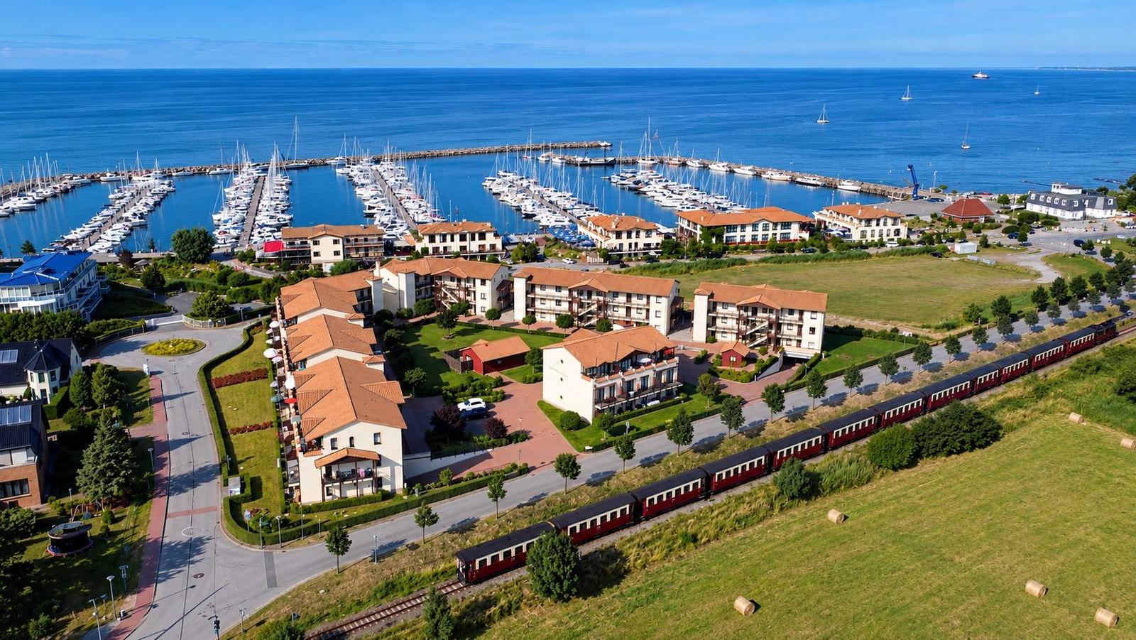 Häuser mit roten Dächern neben Hafen mit Booten und Eisenbahn