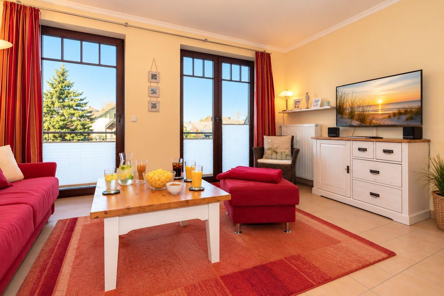 Wohnzimmer mit rotem Sofa, Holztisch und TV auf Schrank