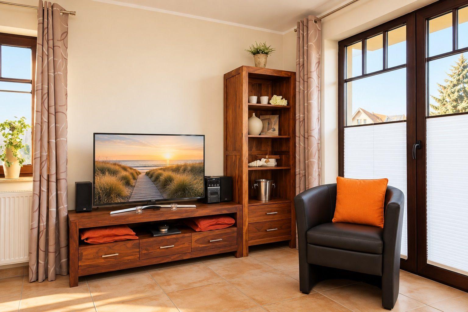 Ein Wohnzimmer mit Fernseher, Sessel und Holzmöbeln. Fenster mit Vorhängen und Pflanzen.