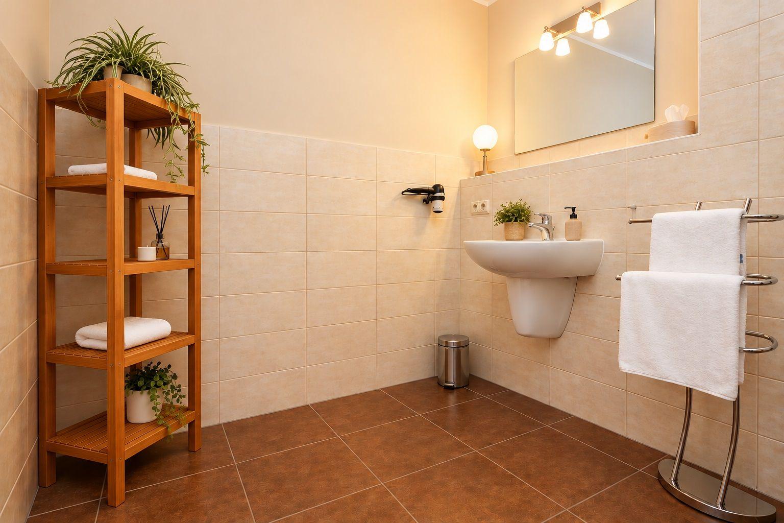 Badezimmer mit Waschbecken, Spiegel, Handtuchhalter und Holzregal.